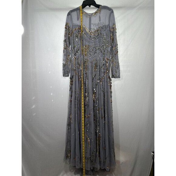 NWT $798 Mac Duggal [ 14 ] Long Sleeve Embellished Illusion Gown‎ Platinum Gold - Picture 5 of 15